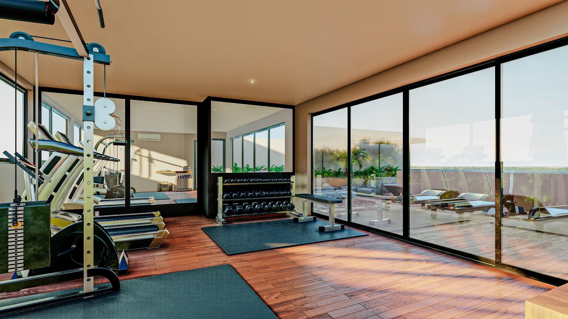 Gimnasio con vista al rooftop — Central Condo Living